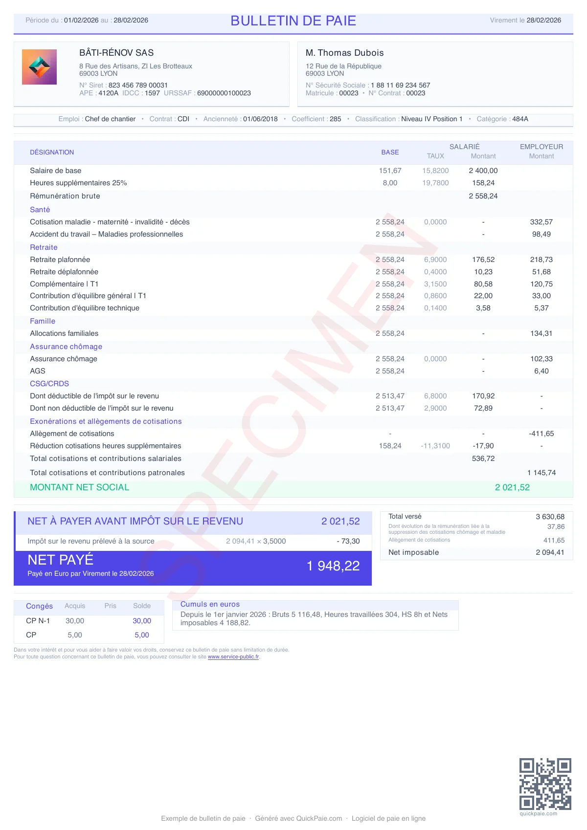 Exemple BTP + Heures supplémentaires