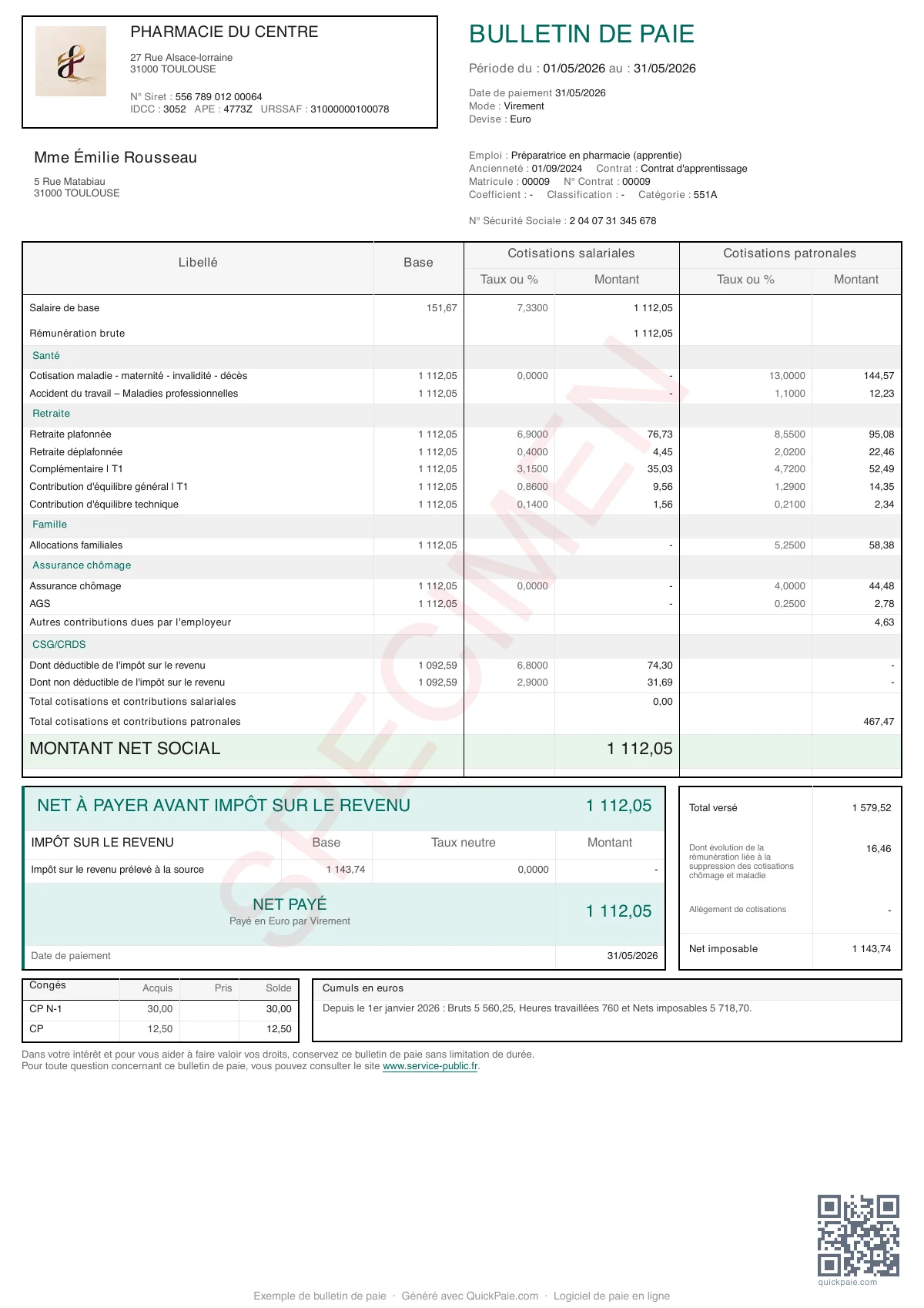 Exemple Apprenti Pharmacie 61% SMIC