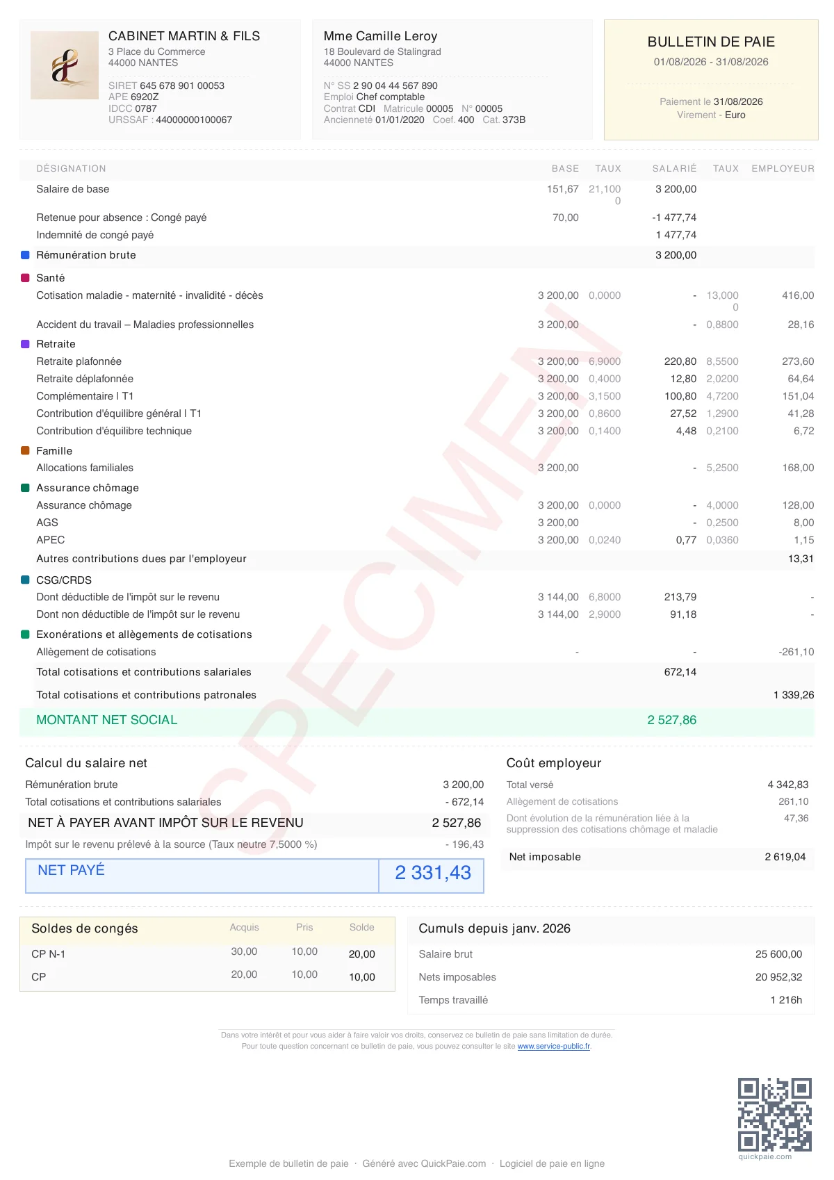 Exemple bulletin de paie Cadre Comptable + Congés payés