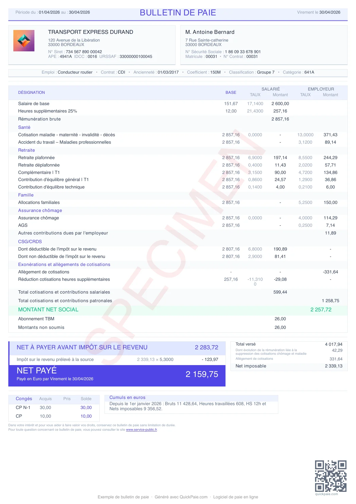 Exemple bulletin de paie Transport Routier + Heures sup