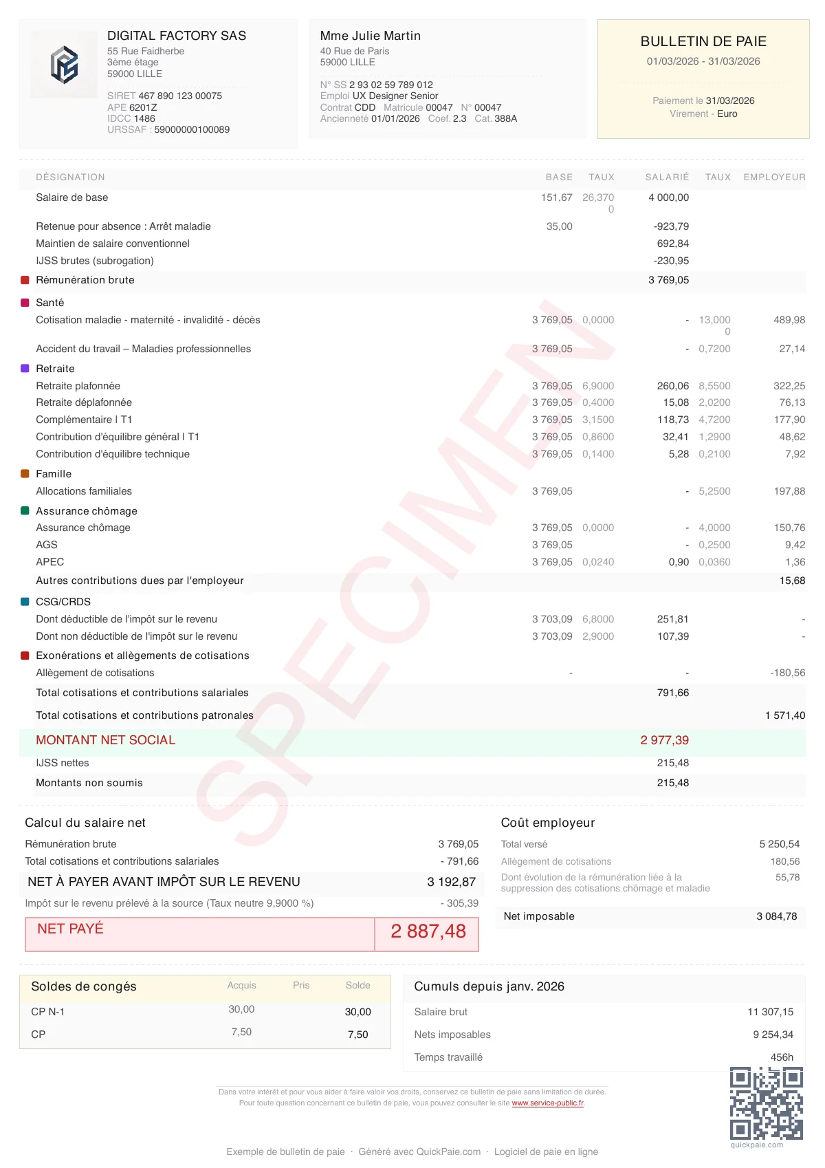 Exemple bulletin de paie CDD Cadre + Arrêt maladie IJSS