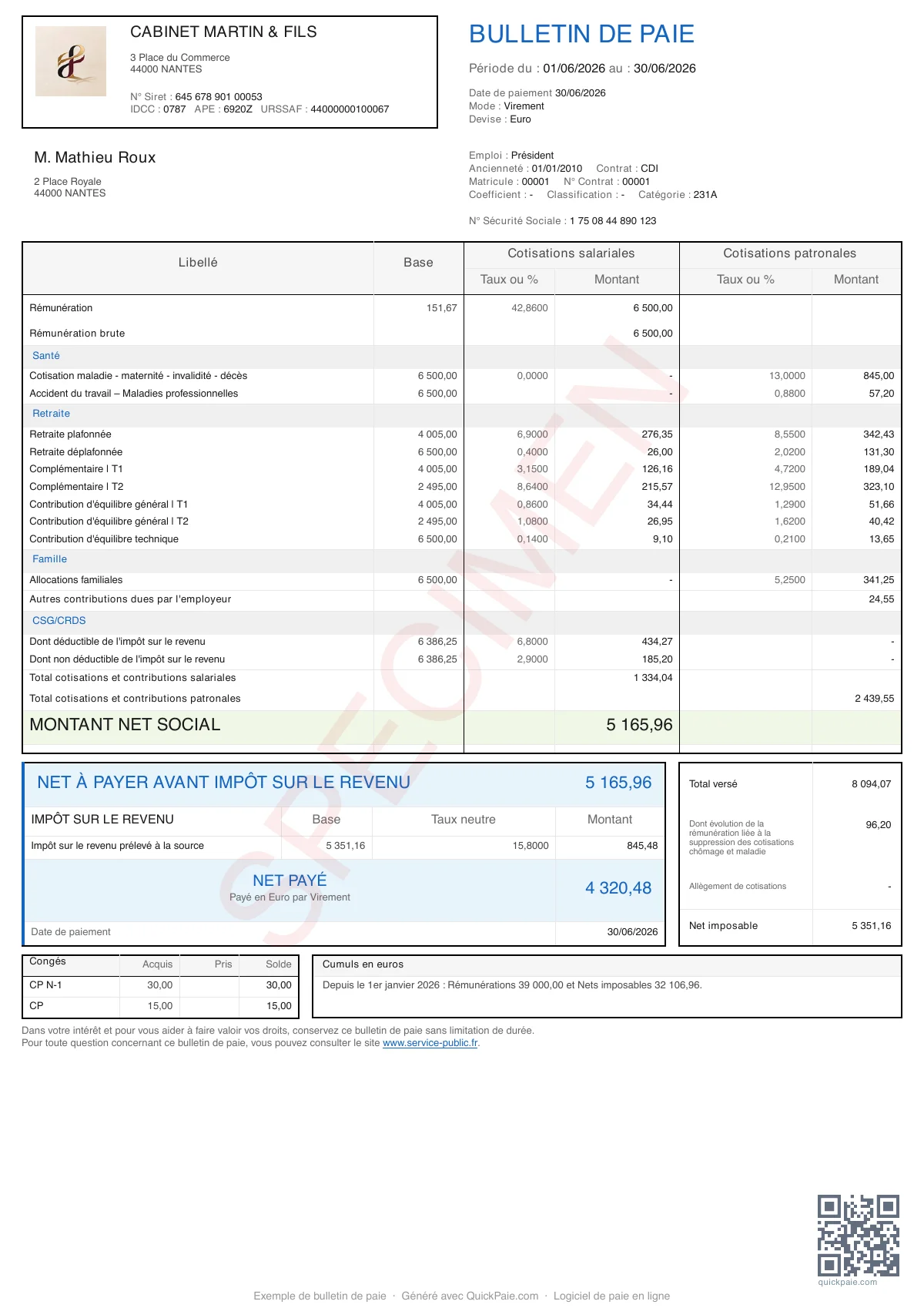 Exemple bulletin de paie Président SAS Mandataire social