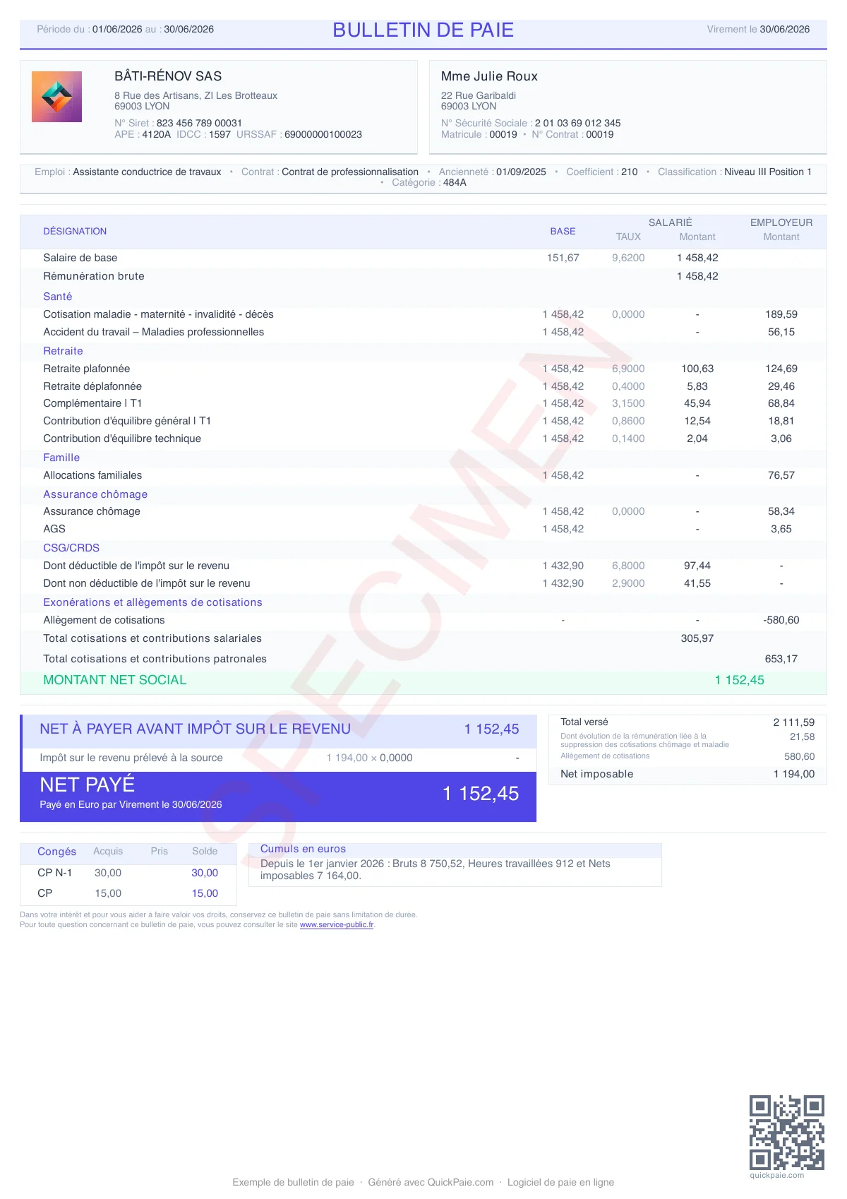 Exemple bulletin de paie Contrat Pro BTP 80% SMIC