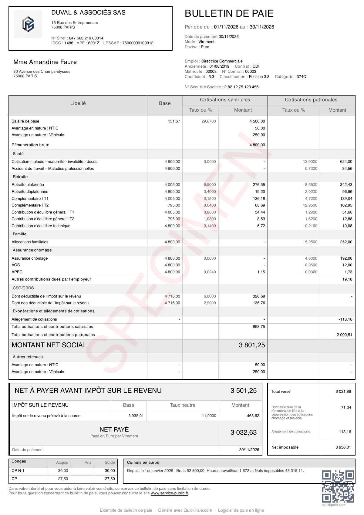 Exemple bulletin de paie Cadre + Avantage nature véhicule