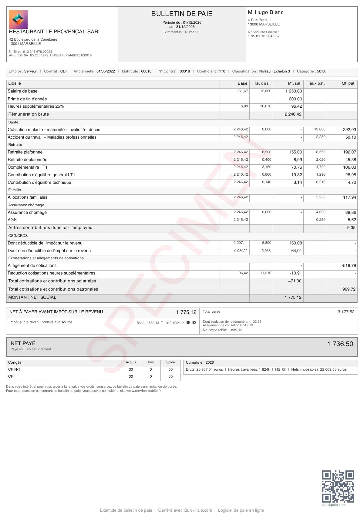 Exemple bulletin de paie HCR Serveur + Prime fin année