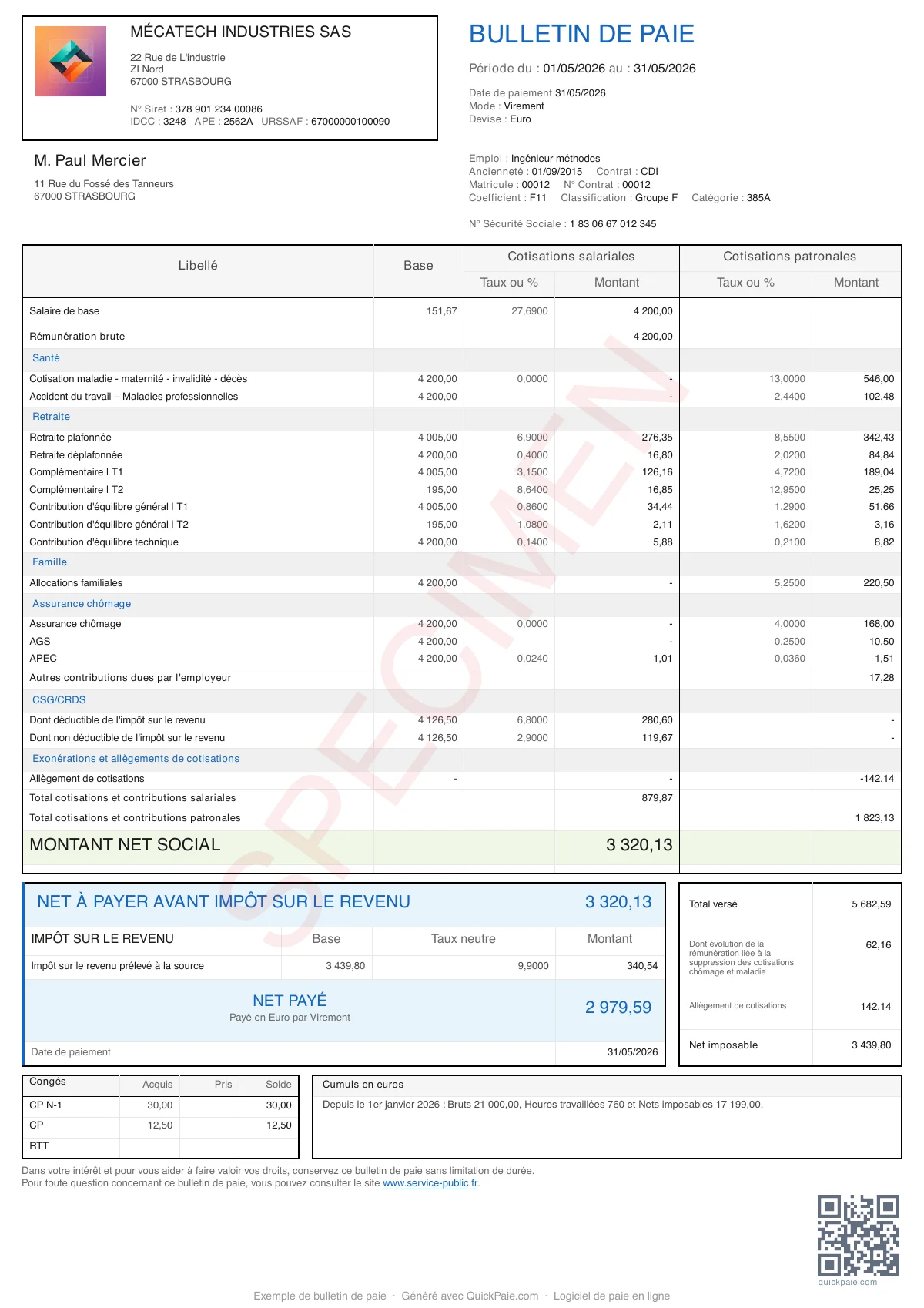 Exemple bulletin de paie Forfait Jours Métallurgie + RTT
