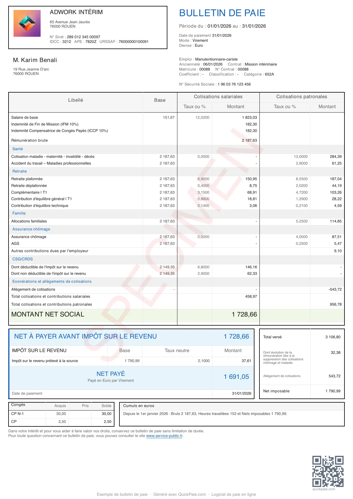 Exemple bulletin de paie Intérimaire IFM + ICCP
