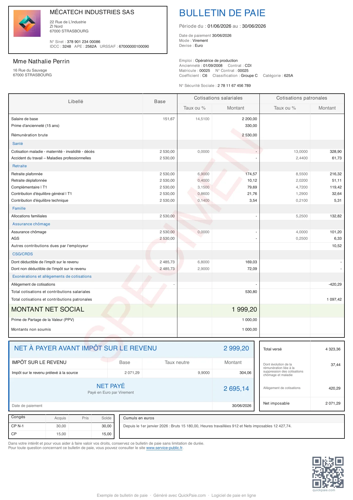 Exemple bulletin de paie Prime ancienneté + PPV Macron