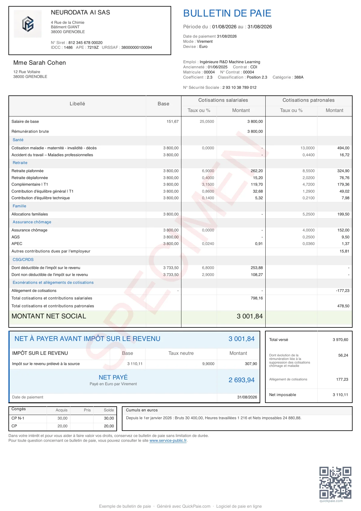 Exemple bulletin de paie JEI Exonération R&D Startup